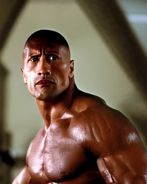 Image similar to Film still close-up shot of Dwayne Johnson as Rocky Balboa from the movie Rocky. Photographic, photography