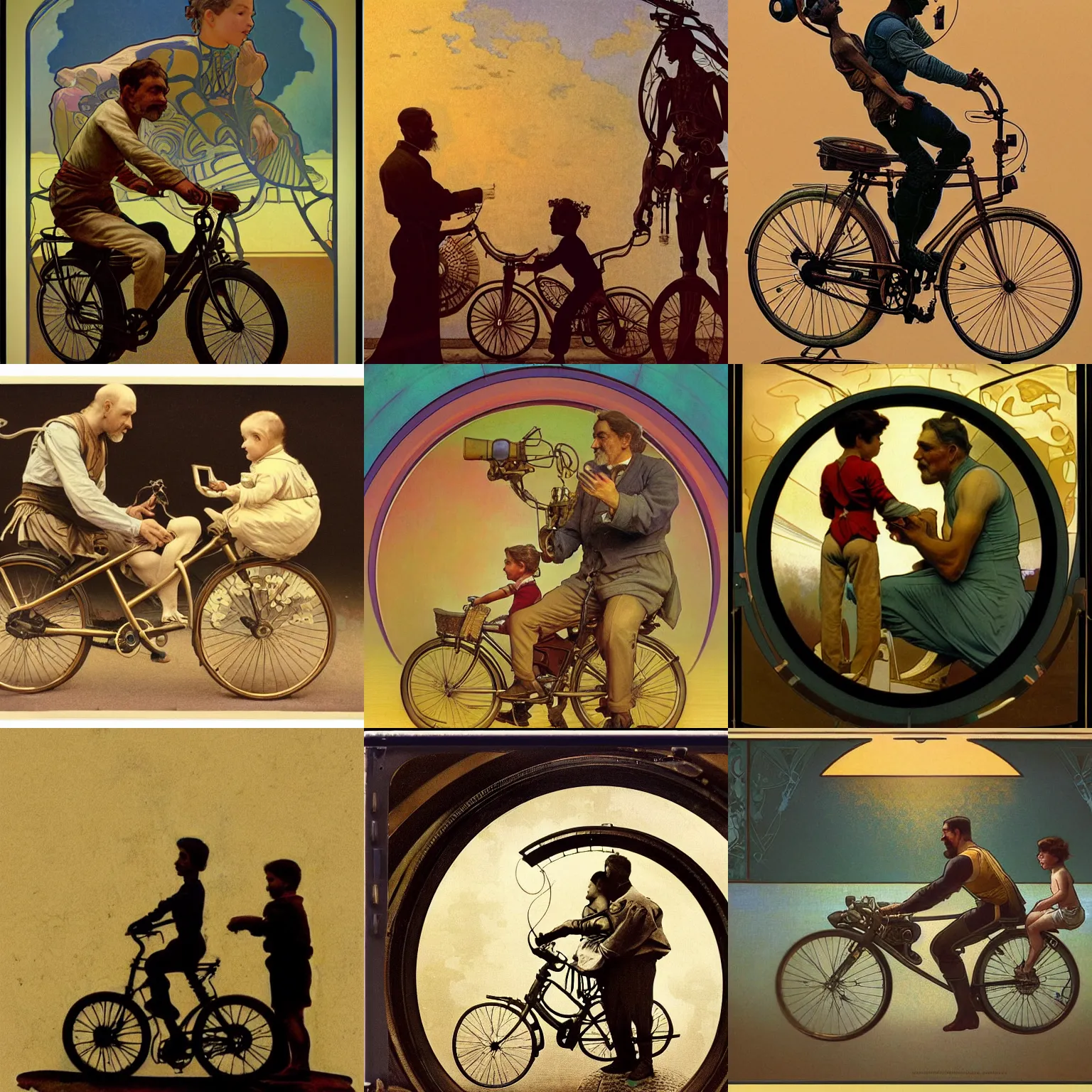 Prompt: a beautiful ultradetailed fine art vintage photo of a cyborg father teaching his kid to ride a bicycle, by alphonse mucha, tom bagshaw and zach sutton, vignette, 2 4 mm lens, wide angle, golden ratio composition, sunset golden hour hues, silhouette, very detailed, humanoids, industrial robots, artstation, 8 k, highly coherent