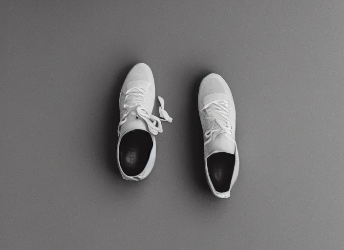 Prompt: a glass sneaker on a gray background, glossy, photography, rule of thirds