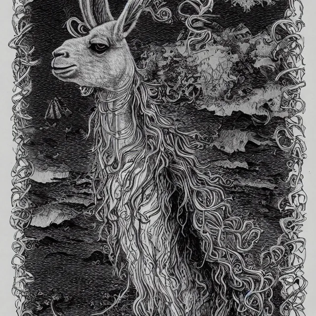 Image similar to llama with dreadlocks, by otomo katsuhiro, ernst haeckel, james jean