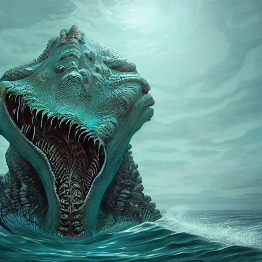 Image similar to sea beast of the depths in the style of michael whelan and h. p. lovecraft. hyperdetailed photorealism by greg rutkowski. 1 0 8 megapixels, 3 d finalrender, cinematic lighting.