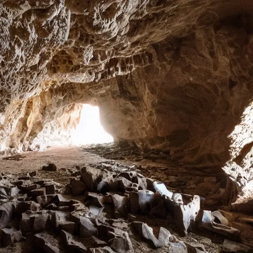 Image similar to a cave filled with pirate treasure, sunlight coming in from a crack in the cave ceiling, skeleton remains laying on the floor