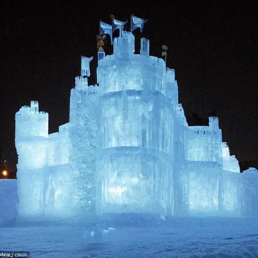 Image similar to A castle made entirely of ice, with snow-capped towers and a frozen moat