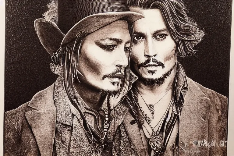 Image similar to An engraved portrait of Johnny Depp , detailed!!! copper-plate engraving, fine!!! lines, Bureau of Engraving and Printing