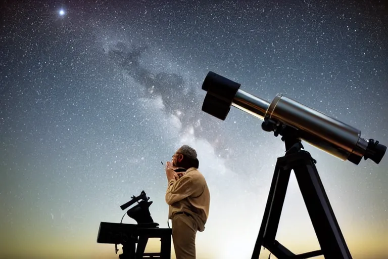 Image similar to an astronomy teacher looking up on a telescope, moon, clear skies, starry skies