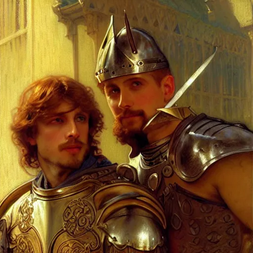 Image similar to attractive arthur pendragon and his attractive male knight, they are in love, natural lighting, path traced, highly detailed, high quality, digital painting, by gaston bussiere, craig mullins, alphonse mucha j. c. leyendecker