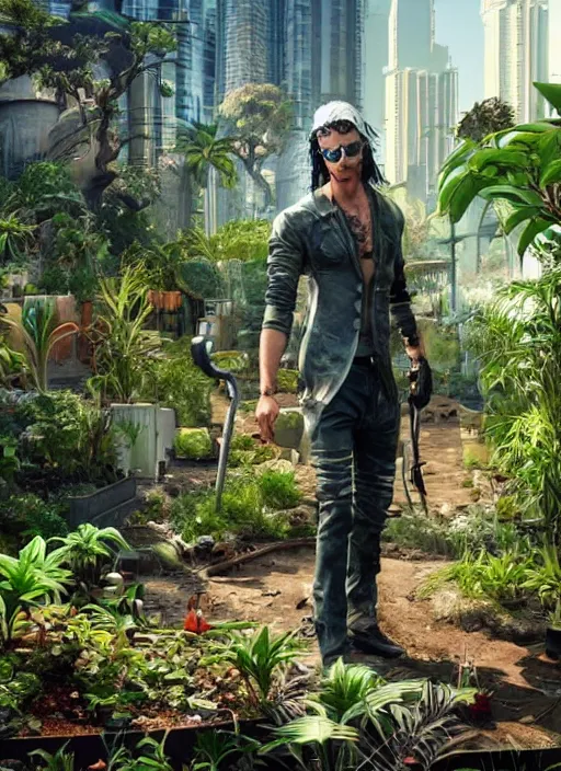 Prompt: johnny silverhand working in a garden, wake up samurai, solarpunk, lots of plants, gardening, permaculture, cyberpunk 2 0 7 7, anarchy, realistic, ultra detailed