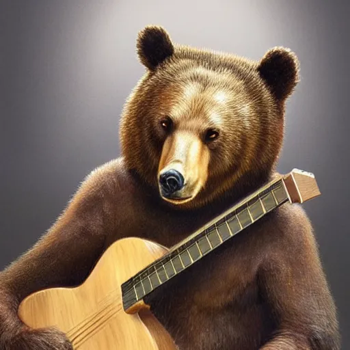 Prompt: realistic bear holding a wooden triangle combined with guitar sound hole and guitar neck, highly detailed, digital painting, artstation, concept art, smooth, sharp focus, illustration, cinematic lighting, art by artgerm and greg rutkowski and alphonse mucha