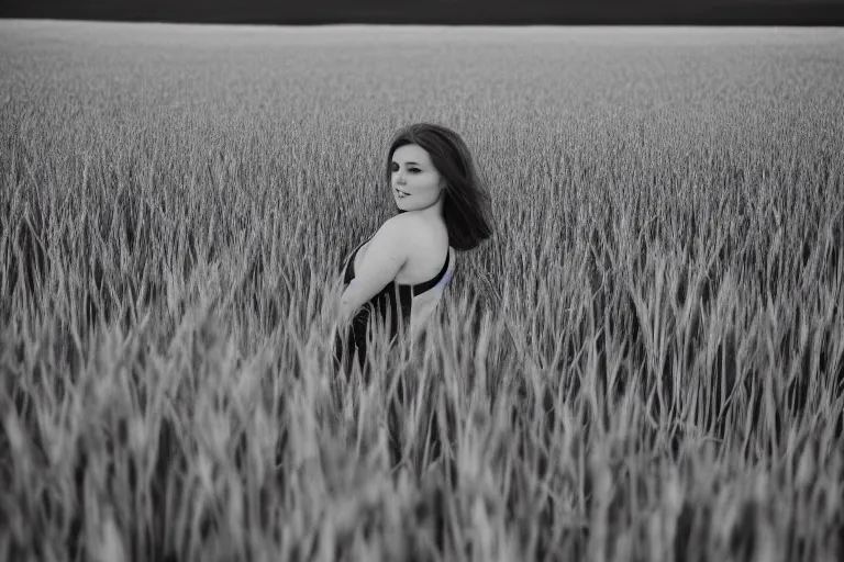 Prompt: voluptuous redhead girl in the wheat field, soft light, 35mm film