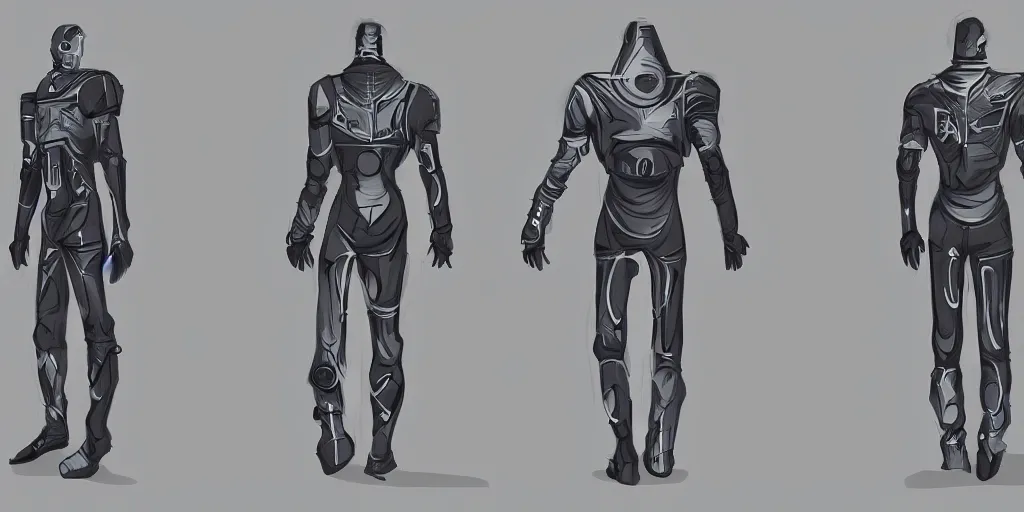 Image similar to male, science fiction space suit, character sheet, concept art, stylized, large shoulders, large torso, long thin legs, exaggerated proportions, concept design