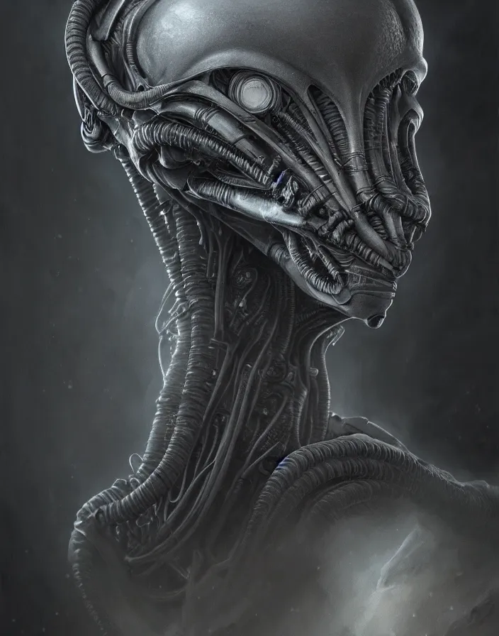 Image similar to Alien grey portrait, atmospheric lighting, painted, intricate, ultra detailed by Leesha Hannigan, Thierry Doizon, Kai Carpenter, well composed, best on artstation, cgsociety, epic, stunning, gorgeous, intricate detail, wow, masterpiece