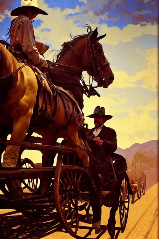 Image similar to hyperrealist portrait of a cowboy driving stage coach by fredrick remington and alphonse mucha, fantasy art, photo realistic, dynamic lighting, artstation, poster, volumetric lighting, very detailed faces, 4 k, award winning