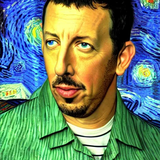 Image similar to adam sandler in a van gogh painting, 4 k, hyper realistic, dslr, high resolution, landscape, beautiful