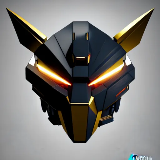 Prompt: gundam head, v - fin, octane render, soft light, mekka, behance, vector, highly detailed illustration, realistic, black and gold metal design, dribbble. com, by secondsyndicate studio,