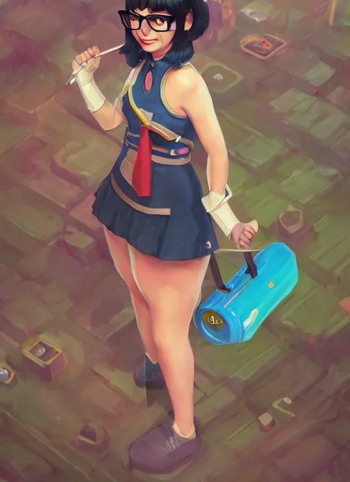 Image similar to tina belcher as a character from league of legends, hyper detailed, digital art, overhead view, trending in artstation, studio quality, smooth render, unreal engine 5 rendered, octane rendered, art style by klimt and nixeu and ian sprigger and wlop and krenz cushart