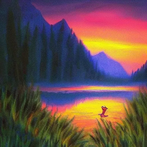 Image similar to frog that looks like bob ross painting a beuatifull painting of a river in the mountains and a beautiful sunset, photorealistic