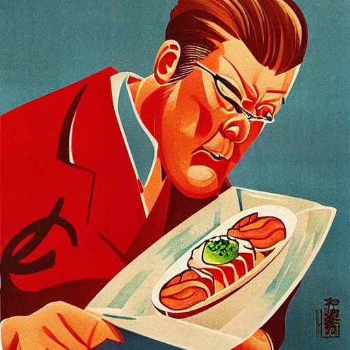 Prompt: het! soviet man refusing tuna sushi, soviet propaganda, poster, by viktor govorkov, iconic, nyet!