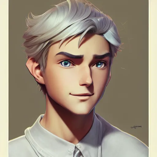 Image similar to young man with short, ash blond greyish hair, path traced, highly detailed, high quality, digital painting, by don bluth and ross tran and studio ghibli and alphonse mucha, artgerm, sylvain sarrailh