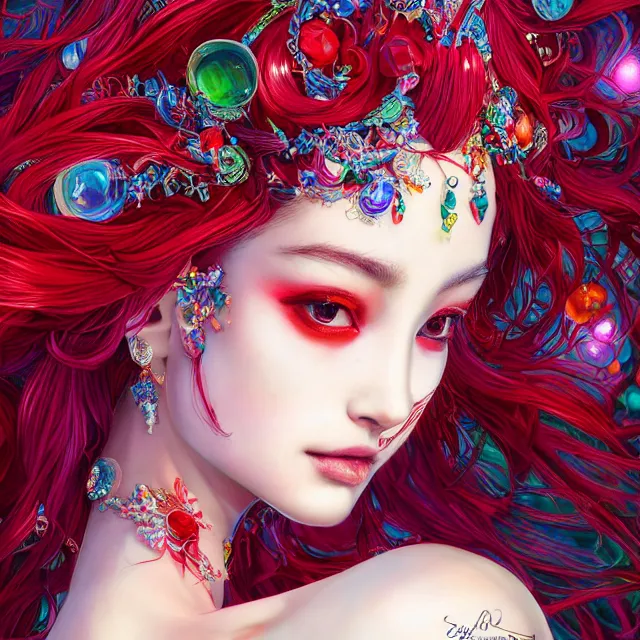 Image similar to an absurdly beautiful, elegant, young hypercolorful sensual gravure idol made of rubies and red gems, ultrafine hyperrealistic detailed face illustration by kim jung gi, irakli nadar, intricate linework, sharp focus, bright colors, matte, octopath traveler, final fantasy, unreal engine highly rendered, global illumination, radiant light, intricate environment