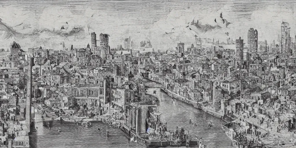 Image similar to illustration, ancient thriving city on top of a tall bridge structure over the ocean, one narrow strip of city on one tall bridge, tall arches, long, fading off into the distance, busy with people