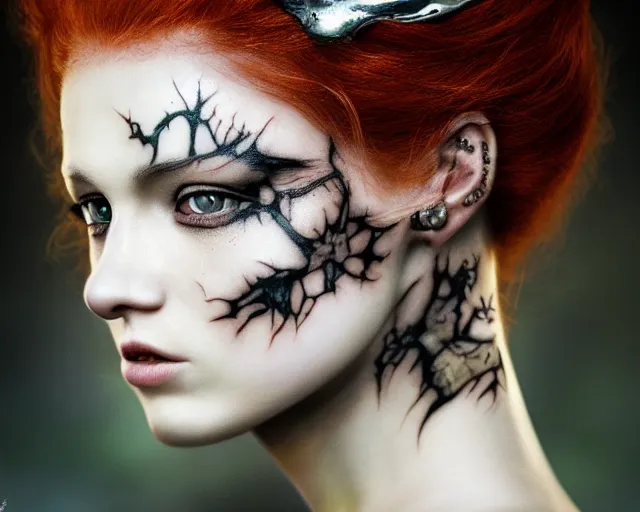 Image similar to 5 5 mm portrait photo of an armored gorgeous anesthetic redhead woman warrior with a face tattoo and antlers growing from her head, in a magical forest in the style of stefan kostic, art by luis royo. highly detailed 8 k. intricate. lifelike. soft light. nikon d 8 5 0. cinematic post - processing