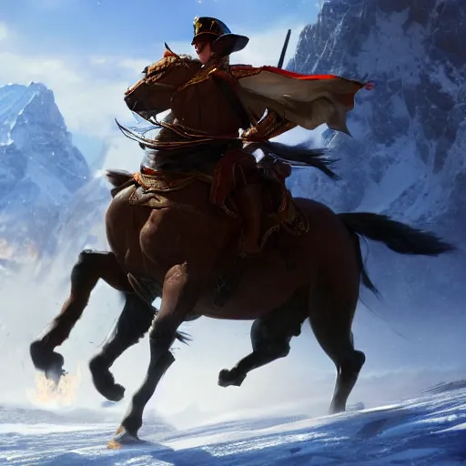 Prompt: Napoleon Crossing the Alps, with an alien horse, atmospheric lighting, by Makoto Shinkai and Ruan Jia
