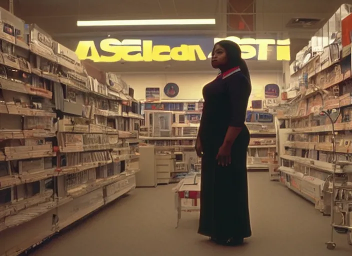 Prompt: cinematic shot of octavia spencer in an small used electronics store, iconic scene from the paranoid thriller sci fi film directed by stanley kubrick, anamorphic cinematography, beautiful composition, color theory, leading lines, photorealistic, volumetric lighting