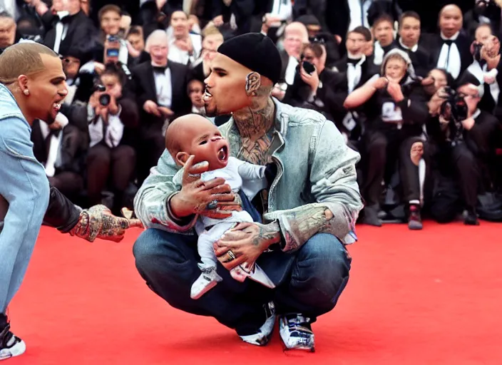 Image similar to a photograph of Chris Brown kicking a baby