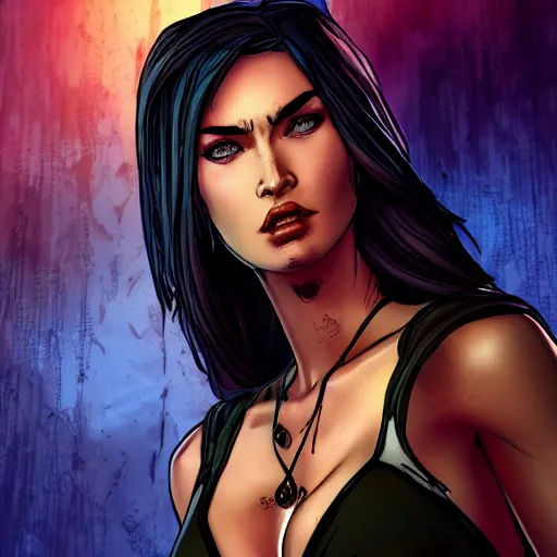 Image similar to megan fox portrait, borderlands, tales from the borderlands, the wolf among us, comic, cinematic lighting, studio quality, 8 k