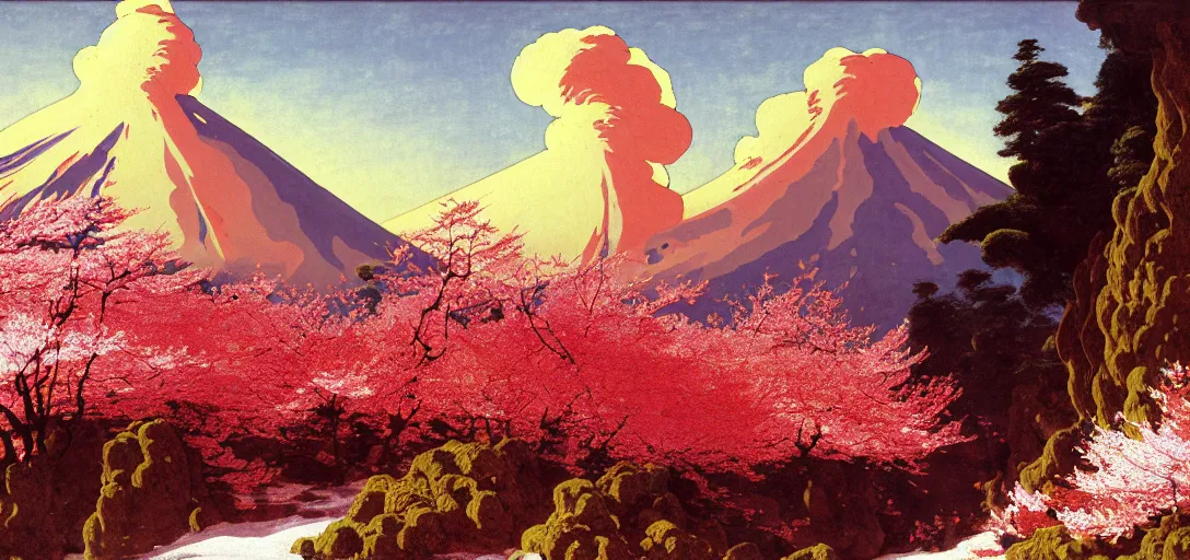 Image similar to ghibli illustrated background of a volcano erupting lava in a strikingly beautiful snowy landform with strange rock formations and red water, and cherry blossoms by vasily polenov, eugene von guerard, ivan shishkin, albert edelfelt, john singer sargent, albert bierstadt 4 k