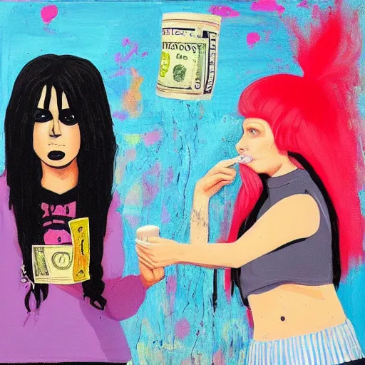 Prompt: “tall queer woman with long pink hair and a tall emo girl near a weedy pig eating money, capitalism, acrylic and spray paint and oilstick on canvas, neoexpressionism”