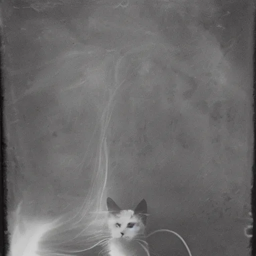 Image similar to lithograph of a cat emitting ectoplasm, haunted cat, ghostly presence, vintage photography