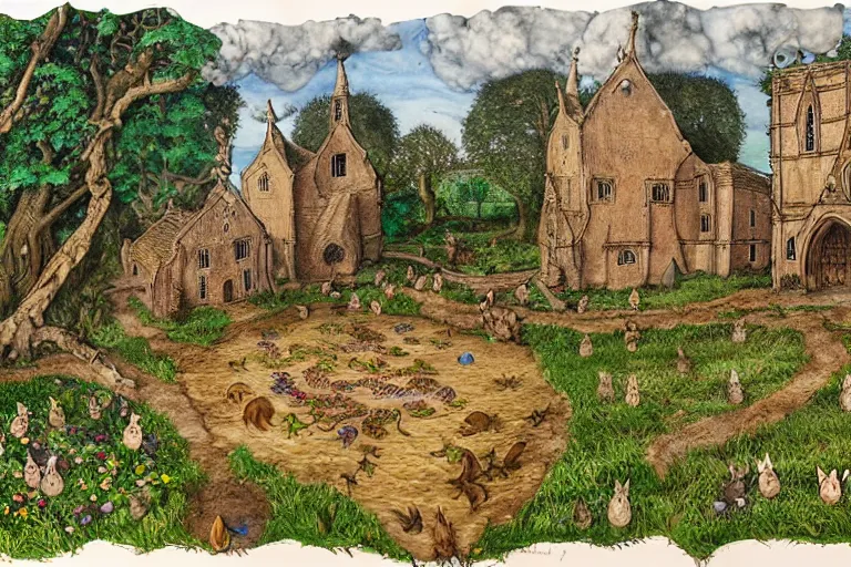 Image similar to an elaborate and dense painting of redwall abbey in mossflower wood with lots of mice and rabbits and otters walking around, detailed, made of alcohol ink on parchment and penned illustrations, by brian jacques