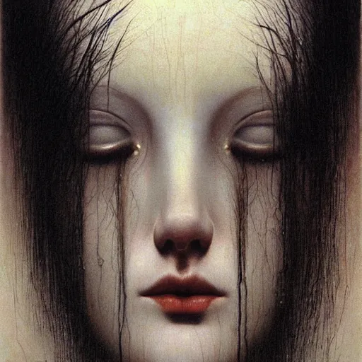 Prompt: portrait of female teen with pale white skin and short black hairs, by Beksinski