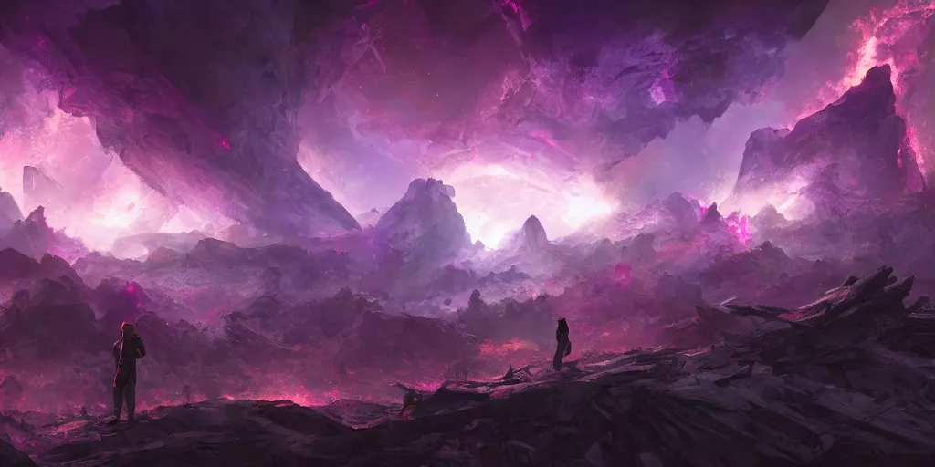 Image similar to one small male silhouette standing in the ruins of crux prime, purple fiery maelstrom in the distance, digital art, artstationhq