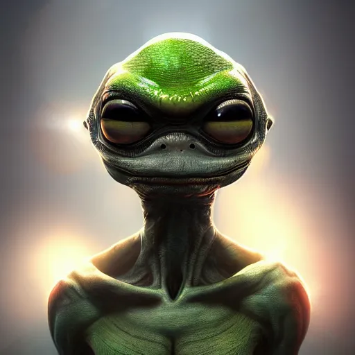 Image similar to pepe as alien game character, 3d, realistic, hyper details, dramatic light, wide angle, artstation