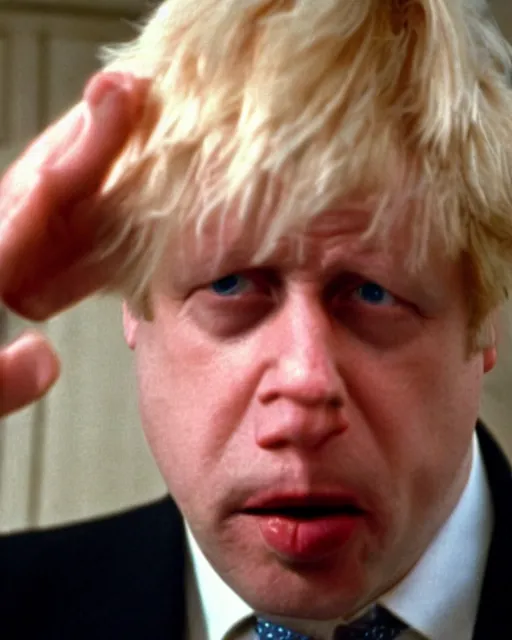 Image similar to film still close - up shot of boris johnson picking his nose from the movie monty python's the meaning of life. photographic, photography