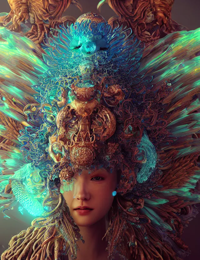 Image similar to render of goddess macro close - up portrait with crown made of phoenix ram skull. betta fish, jellyfish phoenix, bioluminiscent, plasma, ice, water, wind, creature, super intricate ornaments artwork by tooth wu and wlop and beeple and greg rutkowski