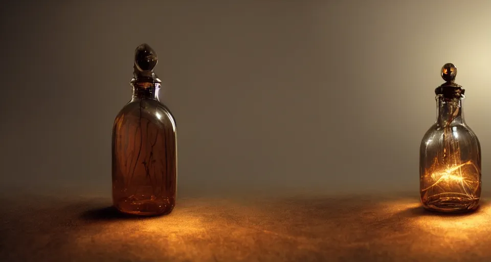 Image similar to a magical bottle on a table, atmospheric lighting, cinematic, 4 k, cinematic composition