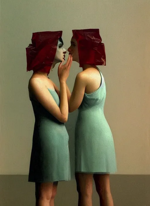 Prompt: two women kissing in a paper bag over the head translucent dress made of plastic bags Edward Hopper and James Gilleard, Zdzislaw Beksinski, highly detailed