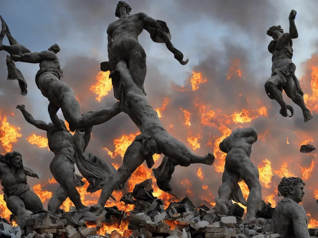 Image similar to giant greek statues attacking a city, ciry destruction ruins, debris flying around, swirls of fire