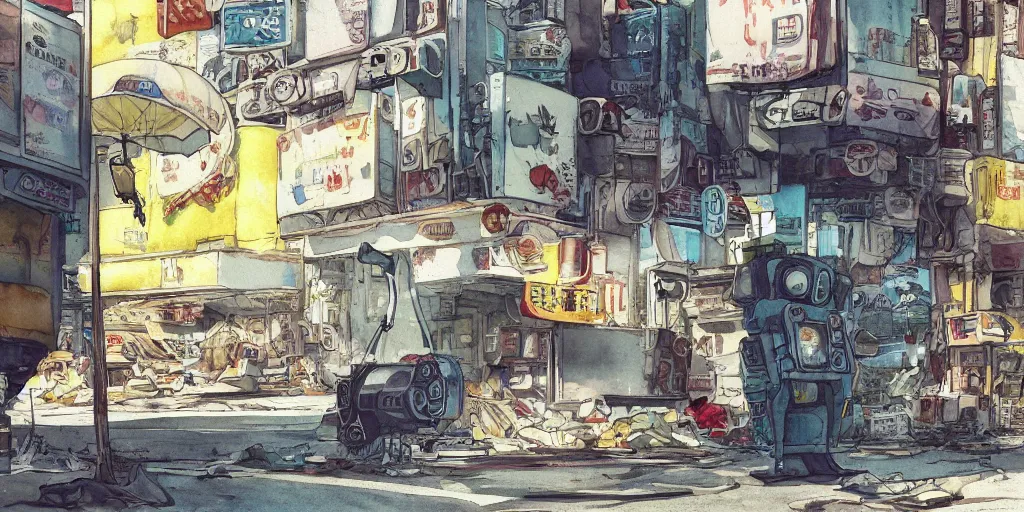 Prompt: incredible wide screenshot, simple watercolor, paper texture, water color paper, ghost in the shell movie scene, distant shot of robot vending machine sitting under a yellow striped parasol in deserted dusty shinjuku junk town, old pawn shop, bright sun bleached ground , vending machine robot monster lurks in the background, ghost mask, teeth, animatronic, black smoke, pale beige sky, junk tv, texture, strange, impossible, fur, spines, mouth, pipe brain, shell, brown mud, dust, bored expression, overhead wires, telephone pole, dusty, dry, pencil marks, genius party,shinjuku, koji morimoto, katsuya terada, masamune shirow, tatsuyuki tanaka hd, 4k, remaster, dynamic camera angle, deep 3 point perspective, fish eye, dynamic scene