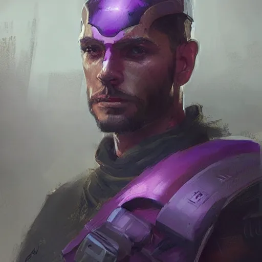 Image similar to concept art of a portrait by greg rutkowski, a soldier of the eternal empire wearing purple and white tactical gear, star wars expanded universe, smooth, sharp focus, artstation hq.