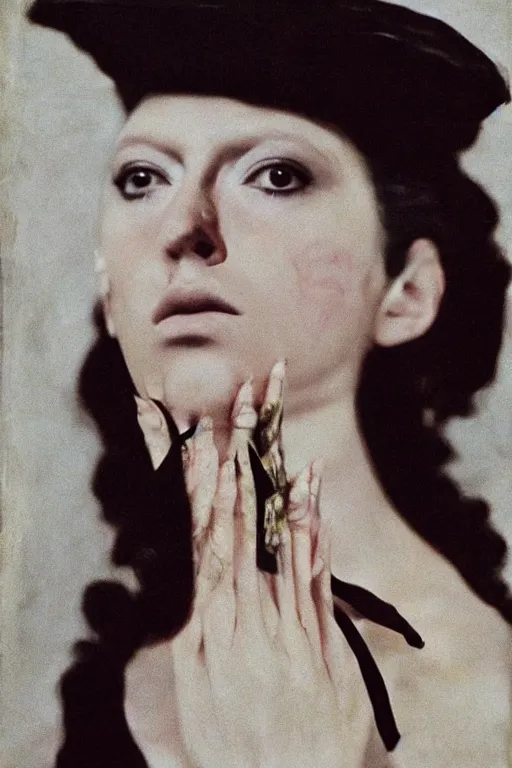 Image similar to hyperrealism close - up fashion portrait by roversi photo from the holy mountain by alejandro jodorowsky in style of francisco goya