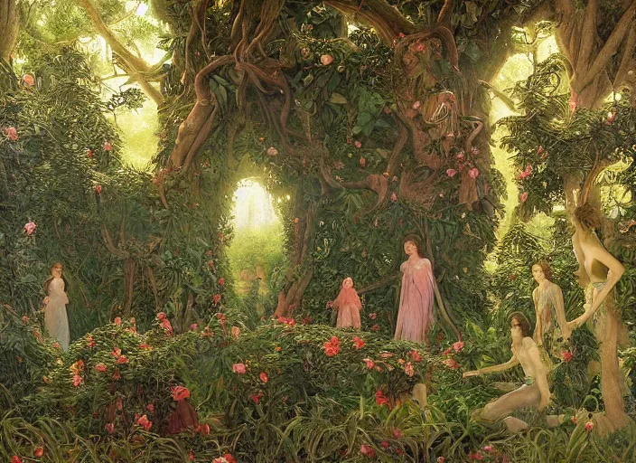 Image similar to jim henson's labyrinth. hedge maze. lush orchard, with strange fruit trees. fairies fight with hummingbirds for nectar. edgar maxence and caravaggio and michael whelan and delacroix style, artistic, intricate painting, cinematic lighting, hyper realistic, extremely detailed, vivid colors, establishing shot, dramatic lighting