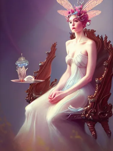 Image similar to the fairy queen on her throne, by james jean, charlie bowater, tom bagshaw, nikolay makovsky : : portrait, character design, illustration, hyperrealism, photorealism, digital art, concept art, fantasy, whimsy, weta, wlop, artstation