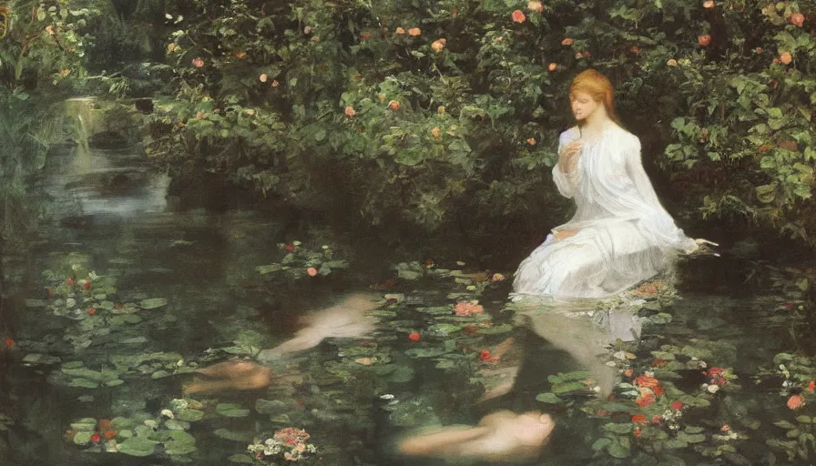 Image similar to artwork painting of ophelia by eugene von guerard, ivan shishkin, john singer sargent