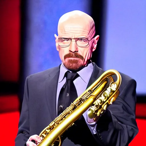 Image similar to walter white playing the saxophone on america's got talent