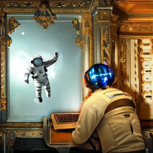 Prompt: an astronaut working on a laptop in an old ornate art gallery. photorealistic. highly detailed.