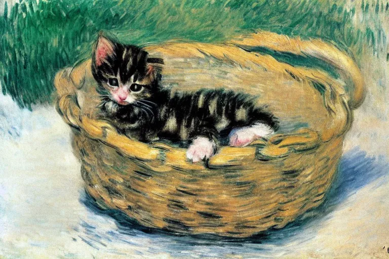 Image similar to a perishing cute kitten coiled up in a basket outside by a snowy day, snow everywere, snowy landscape, by Monet, Manet, Renoir